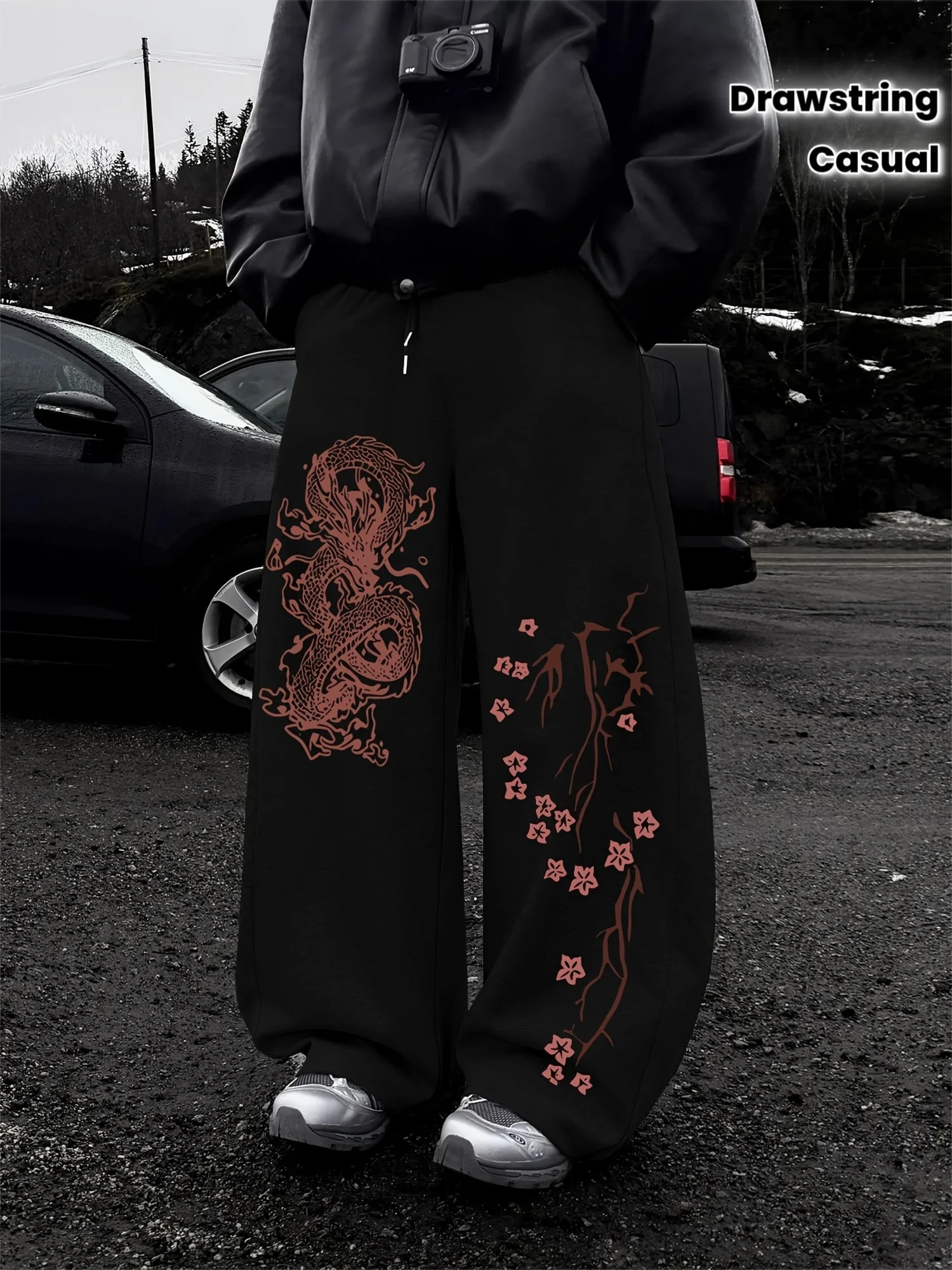 Men's Casual Sports Pants, Cherry Blossom&dragon Pattern Printed Sweatpants, Drawstring Wide Leg Casual Pants