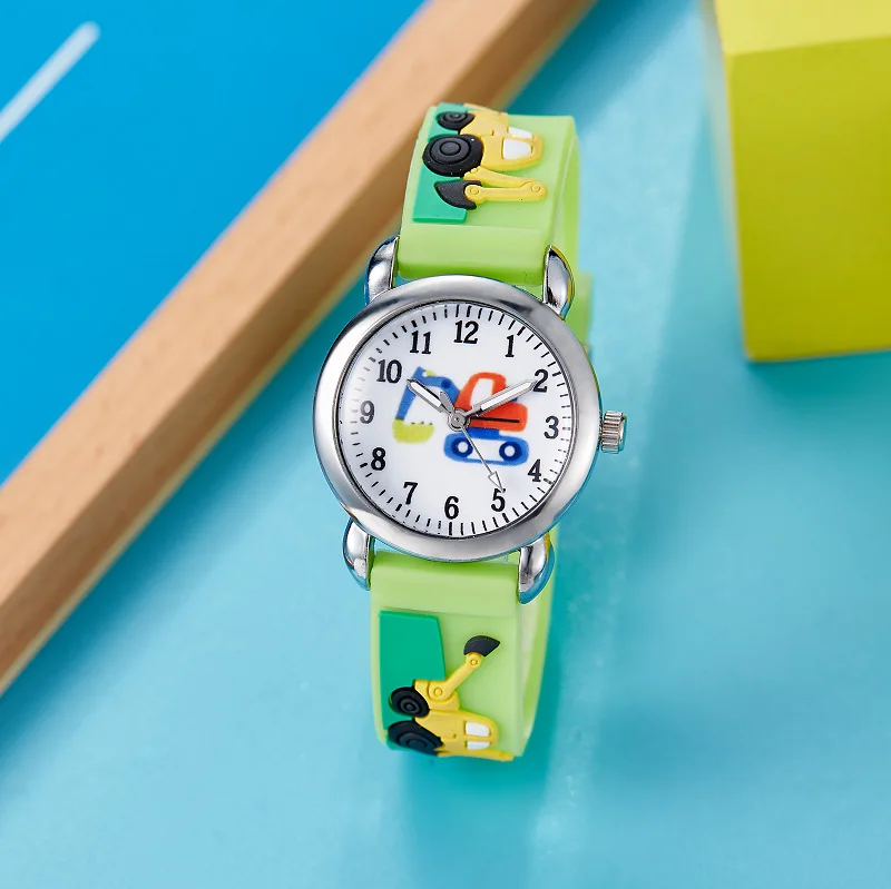 Reloj para niños con patrón de excavadora, relojes de cuarzo con correa de silicona para estudiantes y niñas, relojes impermeables de dibujos animados para estudiantes