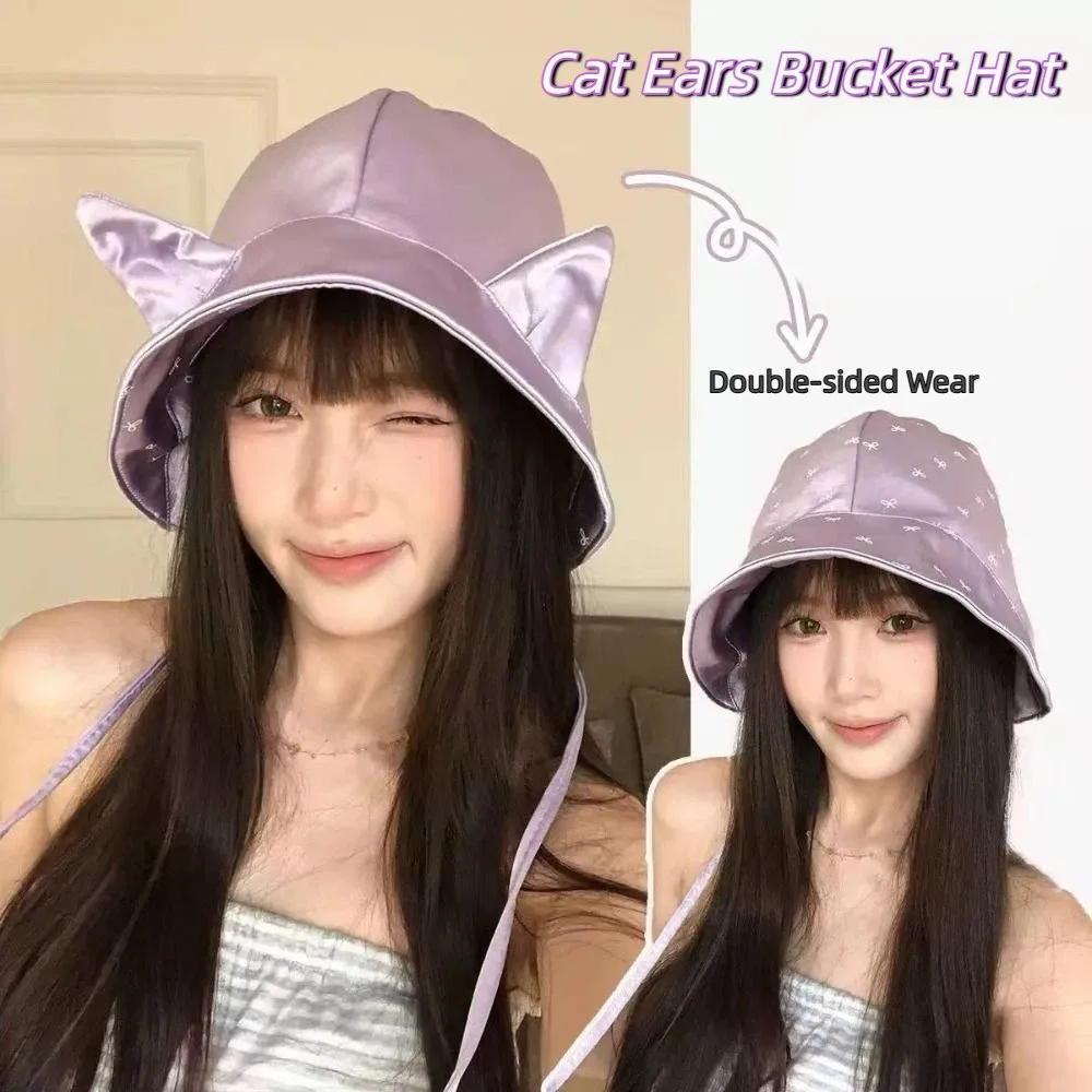 Korean Style Cat Ears Bucket Hat Double-sided Wear Little Devil Horn Silk Satin Fisherman Hat Strap Quick-drying Sunscreen Hat