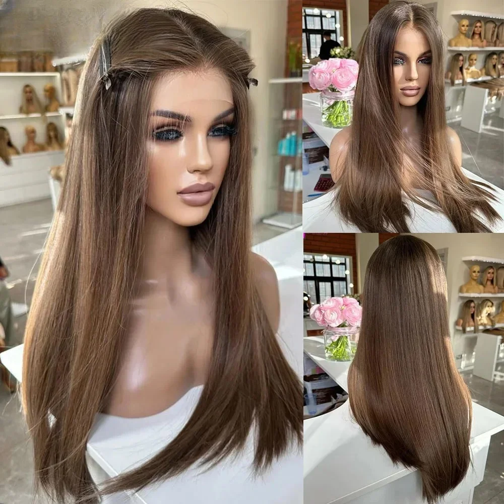 

Длинный 26-дюймовый мягкий коричневый прямой парик спереди, плотность 180, бесклеевой синтетический, предварительно выщипанный, для ежедневного использования