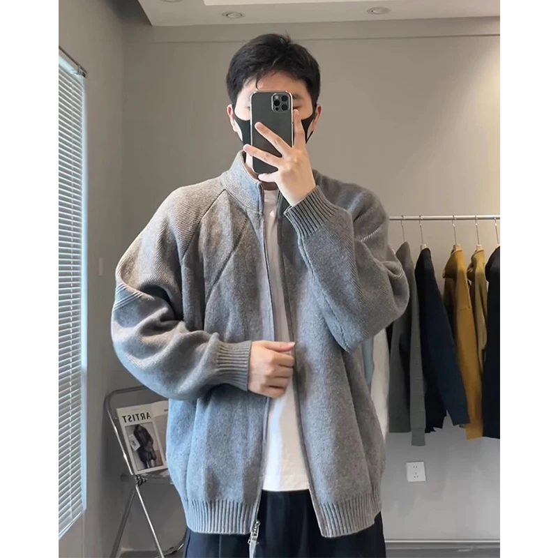 

Мужской кардиган с высоким воротником на молнии, осенний, высококачественный, вязаный, свободного кроя, из полиэфирного волокна