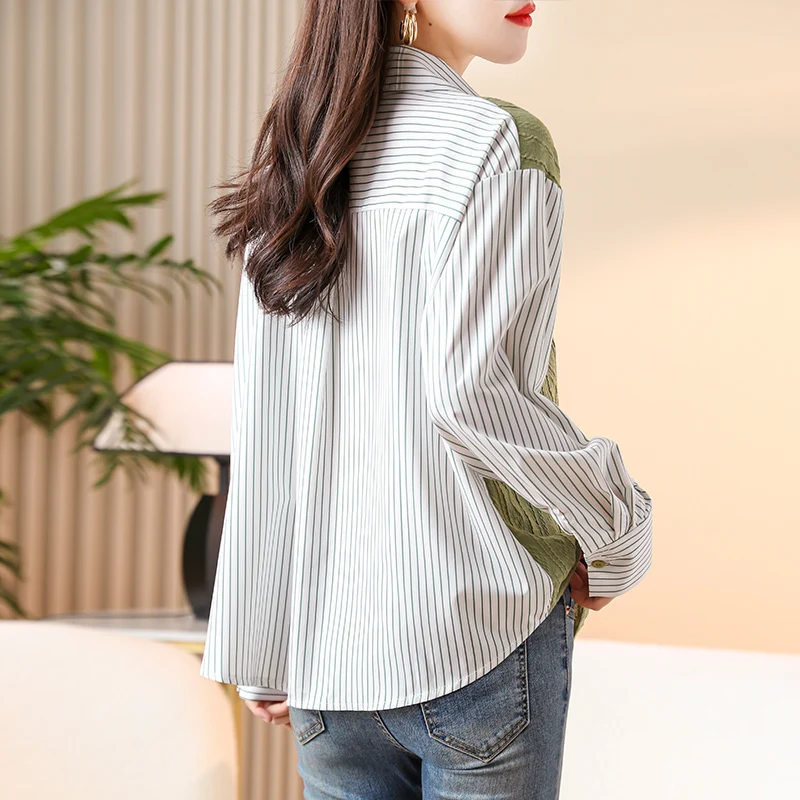 #6855 Autumn False Two Piece Shirt Women Split Joint Knitted Womens Tops And Blouses Long Sleeve Loose Vintage Irregular Shirts