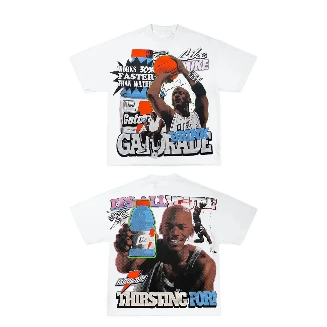 

2000s Gothic Basketball Stars Printed Short-sleeved Y2k Punk Round Neck Retro Loose Casual T-shirt Couple Sport Tops Cotton Tees