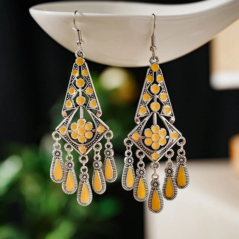 Vintage Ethnic Style Drop Oil Water Drop Earrings for Women Simple Geometric Silver Color Earring Vacation Daily Jewelry