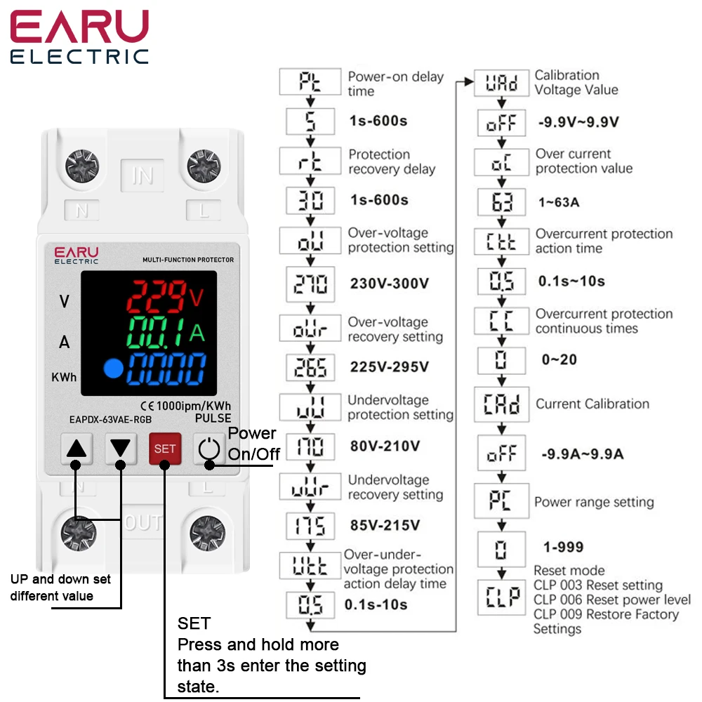 40A 63A AC 230V Din Rail Adjustable Over Voltage Under Voltage Protective Device Protector Relay Over Current Protection kWh RGB