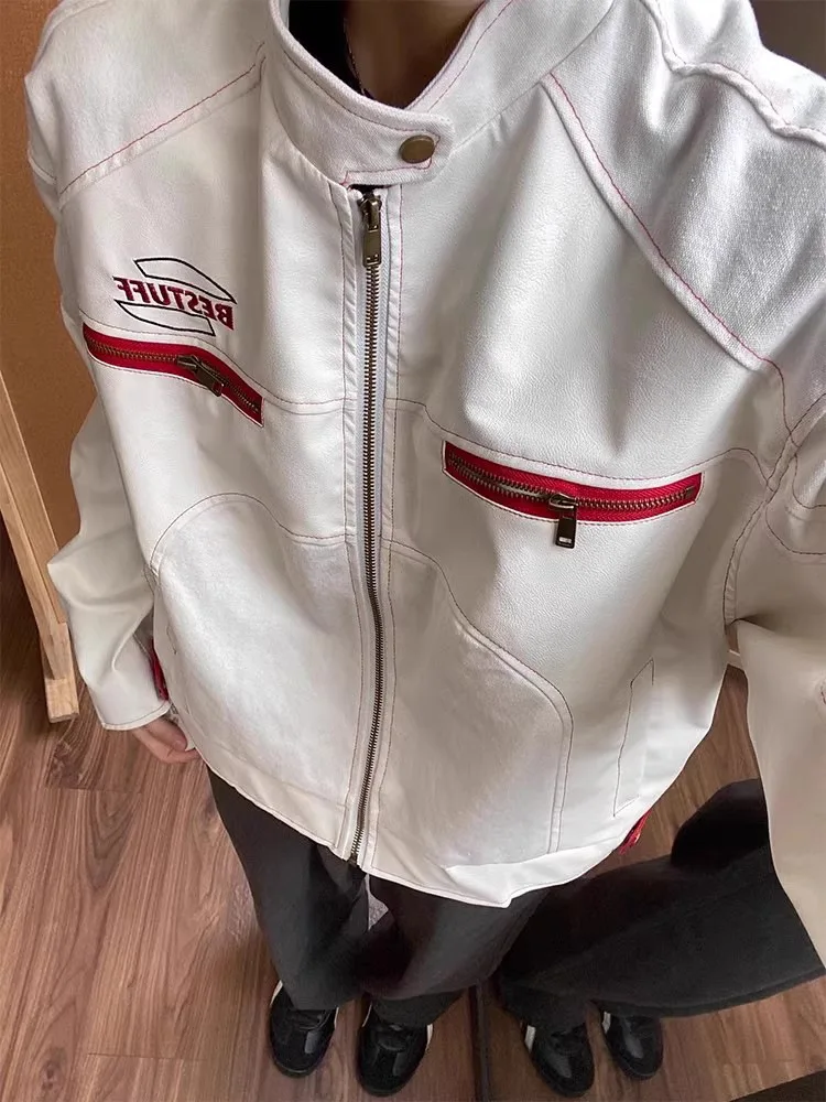 

Men's and Women's Spring and Autumn American Street Fashion Trend High-End Leather Stand Collar Embroidered Jacket