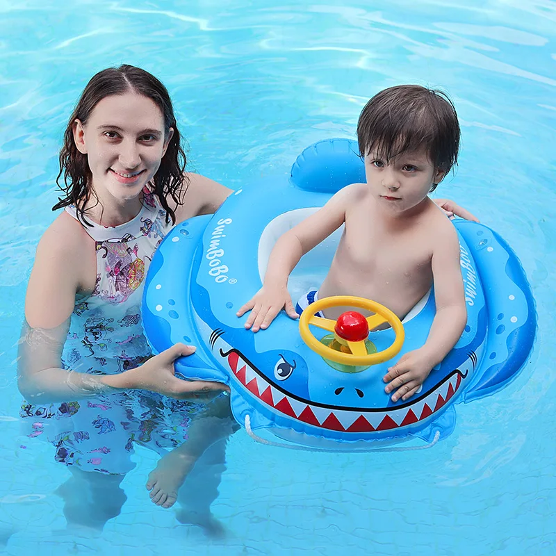 Flotador de piscina para bebé con accesorios de pistola de agua, anillo de natación de tiburón, juguetes inflables divertidos, asiento de natación, barco para 3-6 años