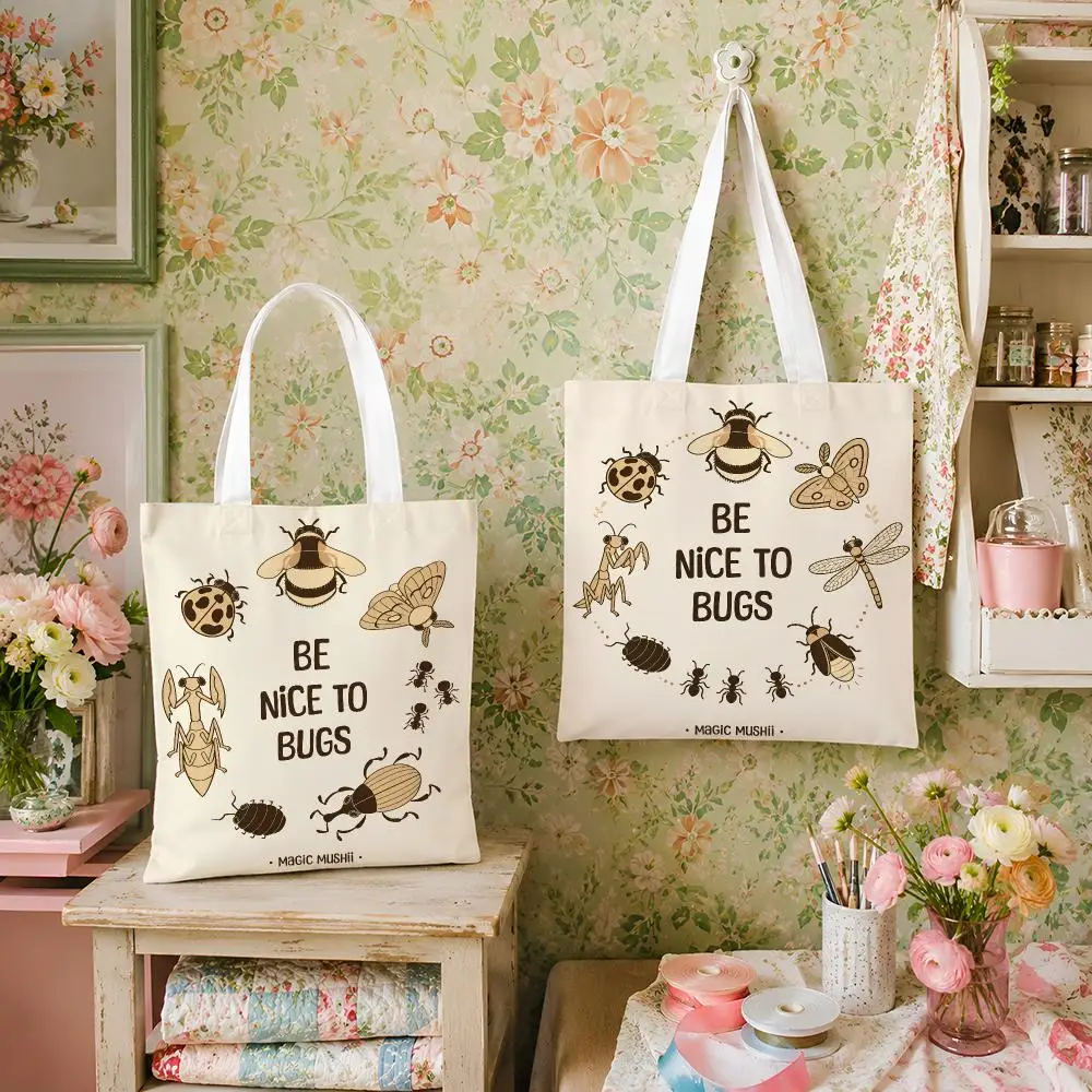 Be Nice to Bugs Insect Lover Canvas Tote Bag - Versatile Cute Storage for Shopping Work School Travel Daily Carry