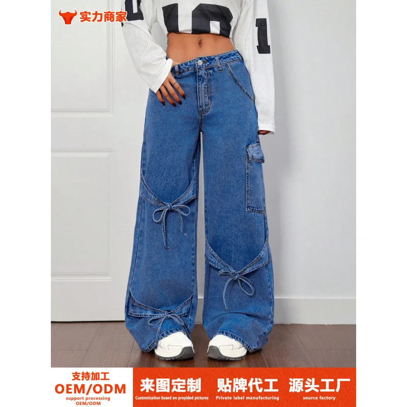 

Cross-border foreign trade Amazon European and American design bow tie workwear style women's casual straight-leg jeans and wide