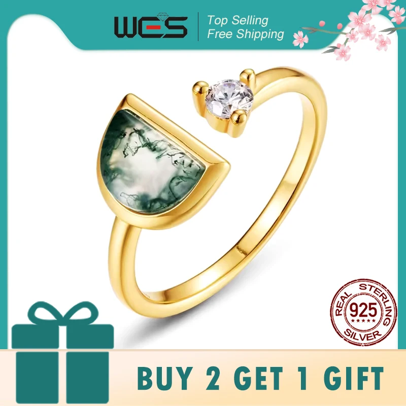 

WES 925 Sterling Silver Natural 5*7mm Moss Agate Open Rings for Women Gemstone Gold Plated Certified Jewelry Female Gifts Trendy