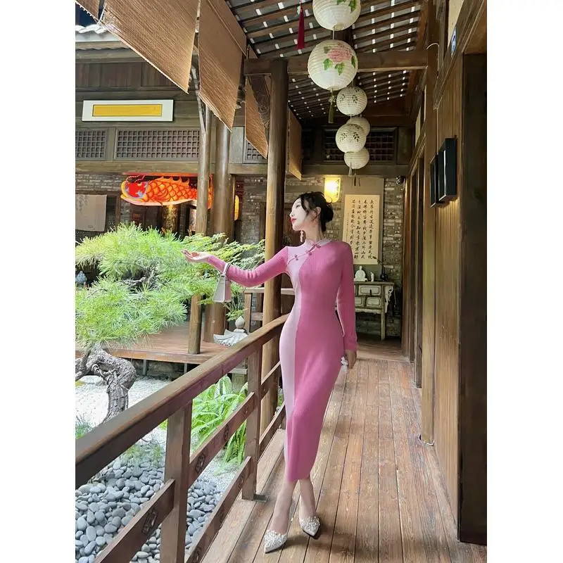 Vestido de malha feminino retrô bloco de cores, outono inverno, camada de base suave, vestido suéter até o chão, novo estilo chinês cq278