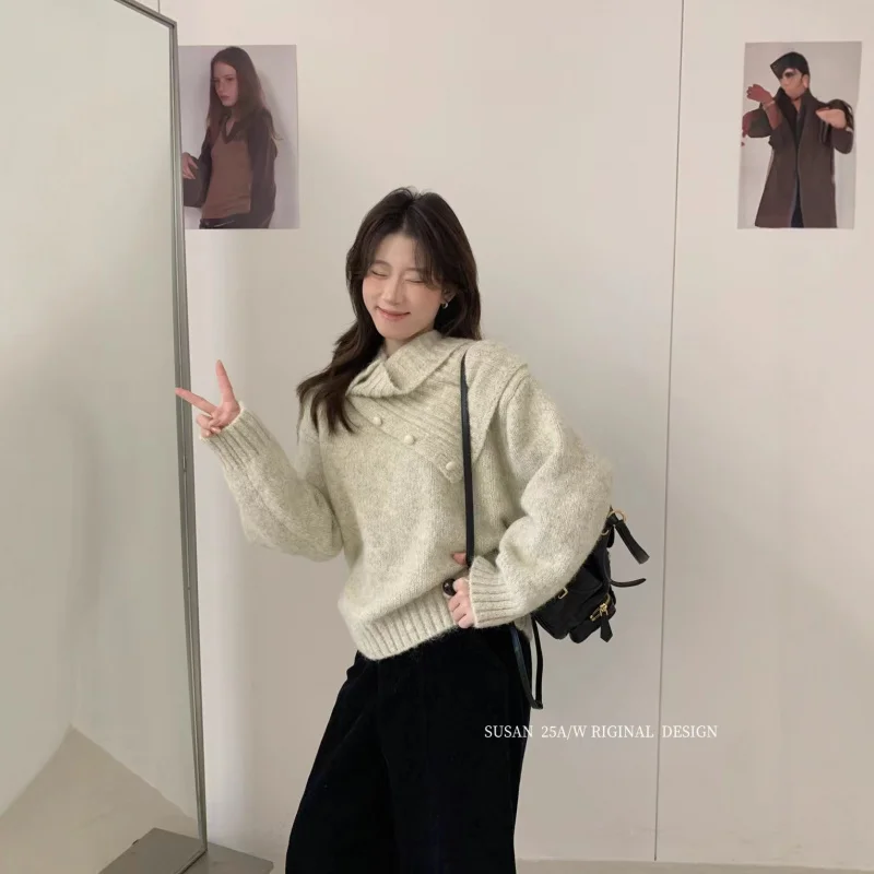 

CHAXIAOA Autumn Winter Women's High Neck Turtleneck Knitted Pullover Sweater Korean Inspired Lazy Loose Upper Garment