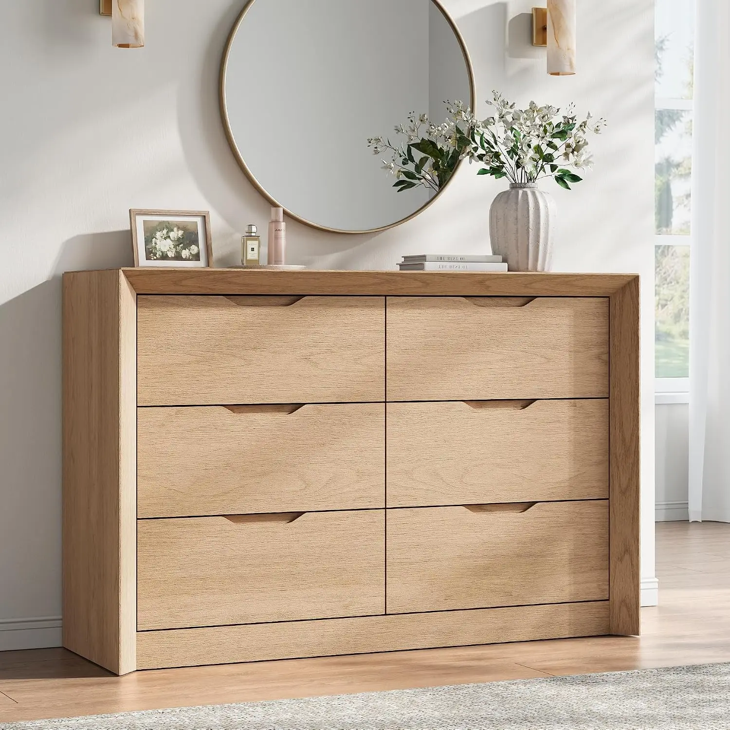 Premium Walnut Finish 6 Drawer Chest Mid Century Modern Tall Dresser Solid Wood Look Storage Organizer for Luxury Home Furniture