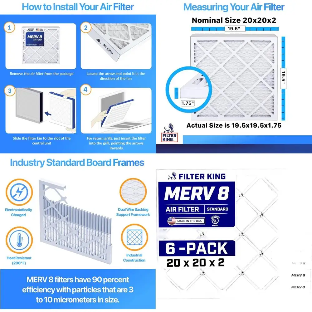 

Набор из 6 плиссированных воздушных фильтров MERV 8 (20x20x2 дюйма) для контроля пыли и аллергенов - Произведено в США, фильтры для систем ОВКВ и печей