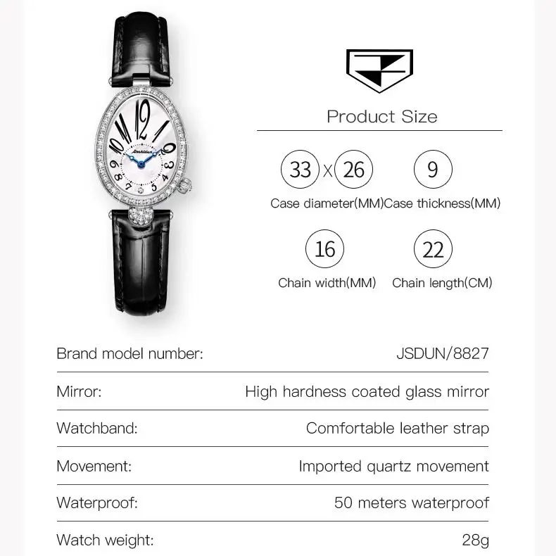 JSDUN 8827 Imported Japan Movement Quartz Women\'s Watch Oval-shapen Design Roman Diamond Dial 50M Waterproof Wristwatch Women