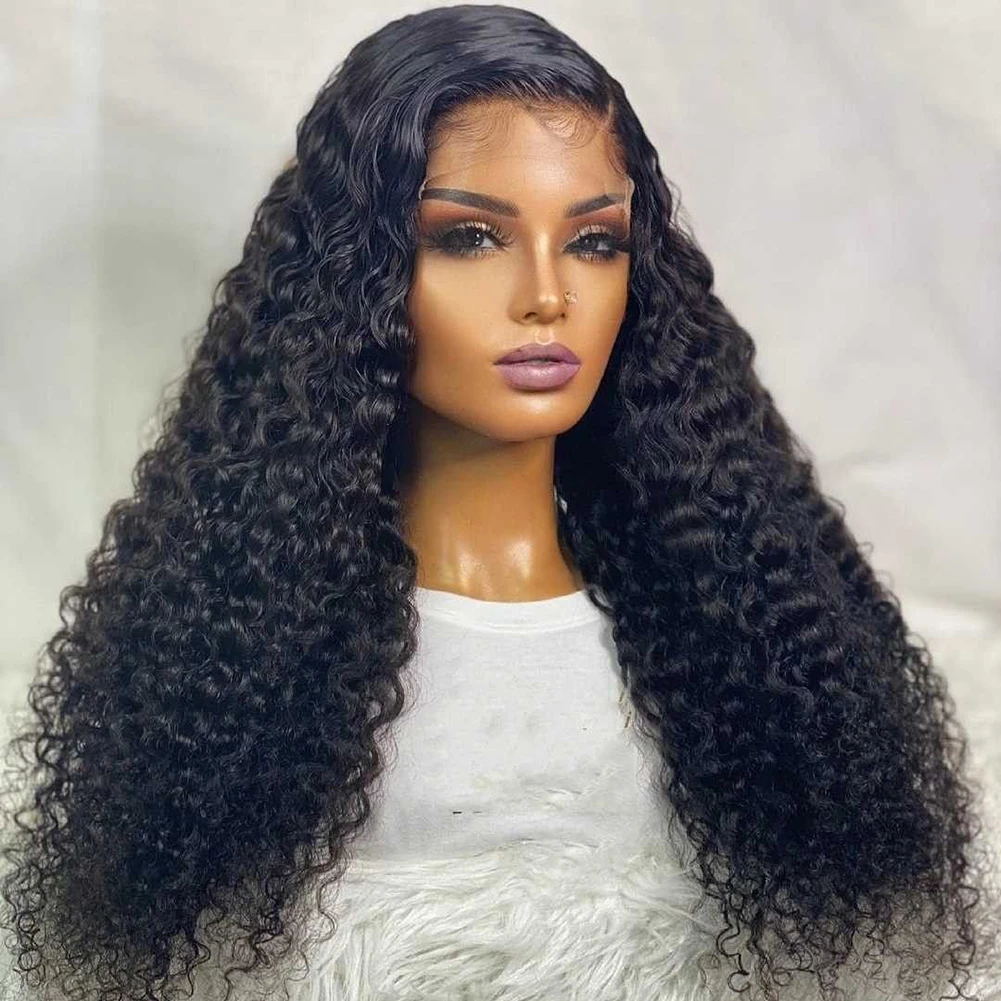 Hitam alami lembut tanpa lem 26 "panjang 180 kepadatan keriting renda depan Wig untuk wanita dengan BabyHair prepked harian Cosplay