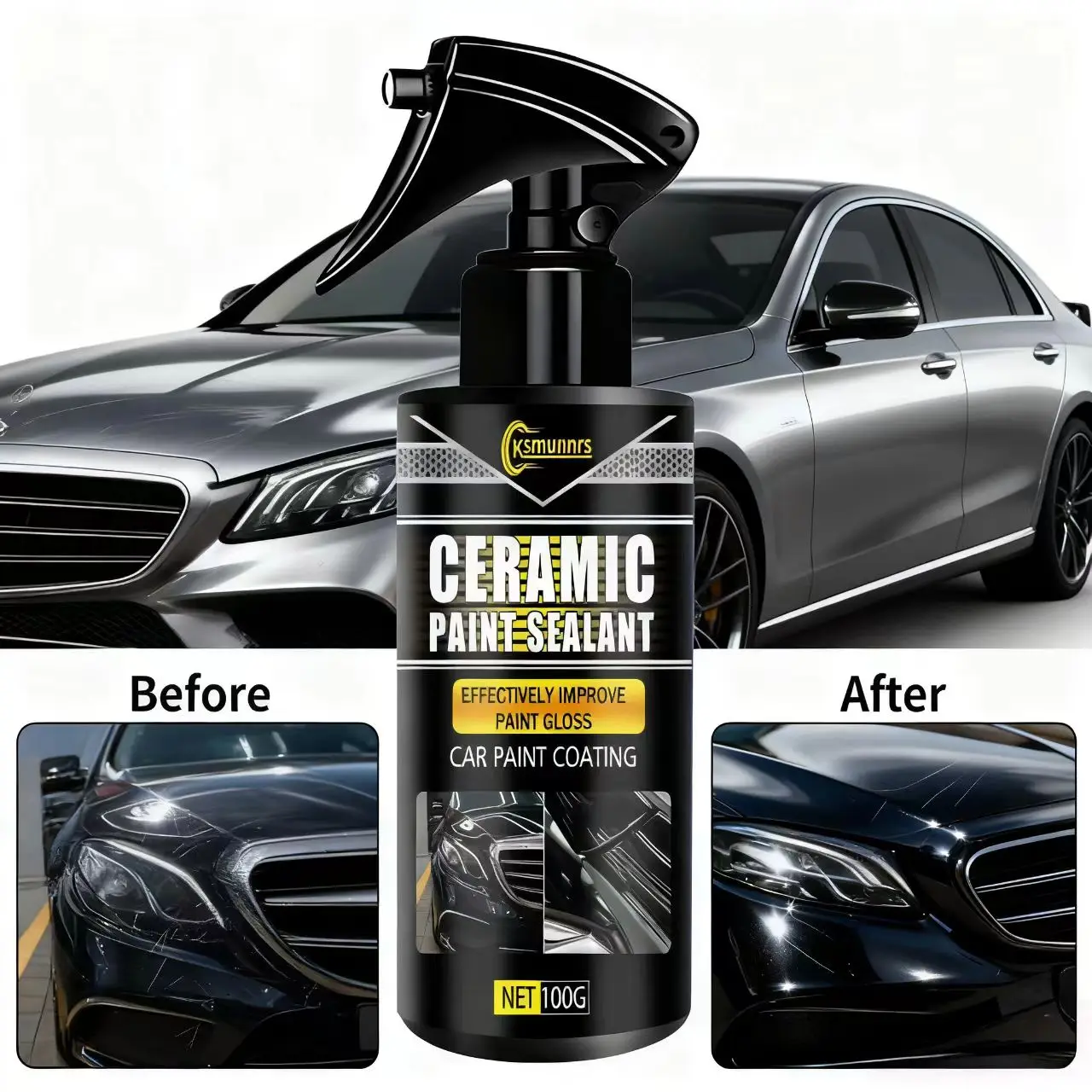 Ksmumnrs 3IN1 Ceramic Coating Spray: Quick Clean, High Shine, Long-Lasting Car Paint Protection - Hydrophobic UV Resistant Auto