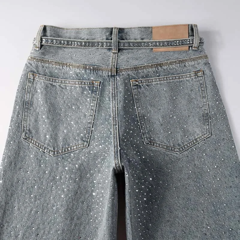 2025 nova moda pu diamante-incrustado em linha reta cintura alta jeans masculino retro rua solta casual calças de perna larga