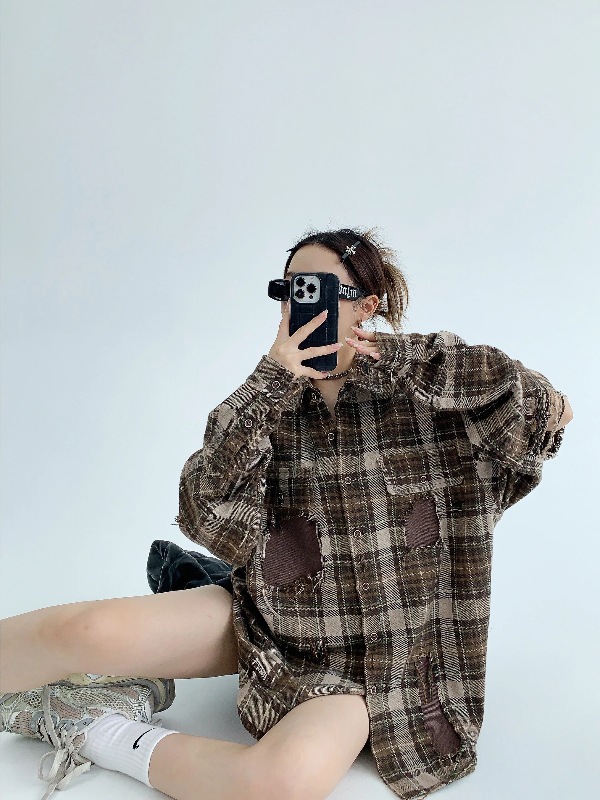 

Ретро пара оверсайз в клетку Long Sve irt Street Sle с хлопковым воротником на пуговицах для женщин и мужчин модные осенние irt