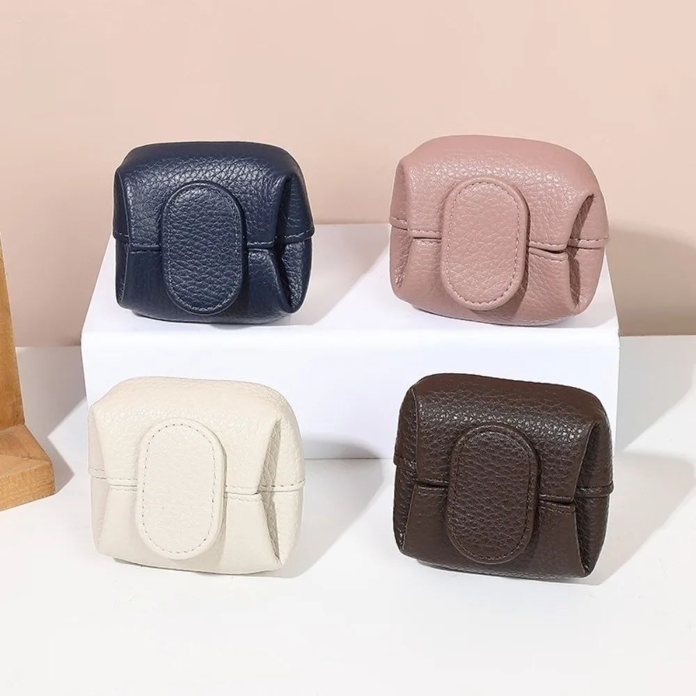 Soft Lychee Pattern Coin Purse Multifunctional Solid Color Mini Cowhide Wallet Lightweight Snap Button Short Small Wallet