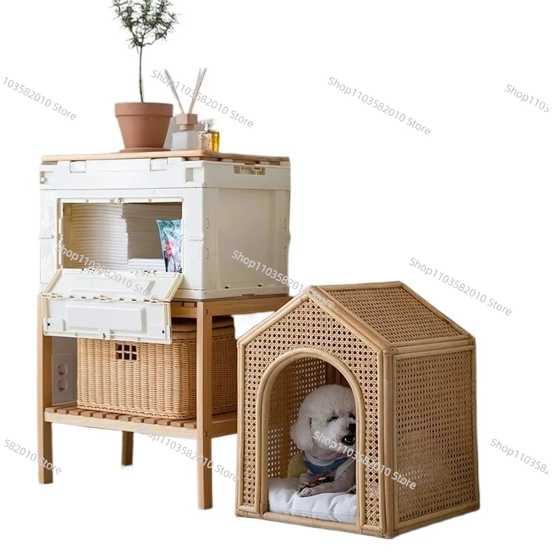 Handmade Rattan Pet Bed, Breathable Cat & Dog Kennel, Natural Wicker Dog House for Summer