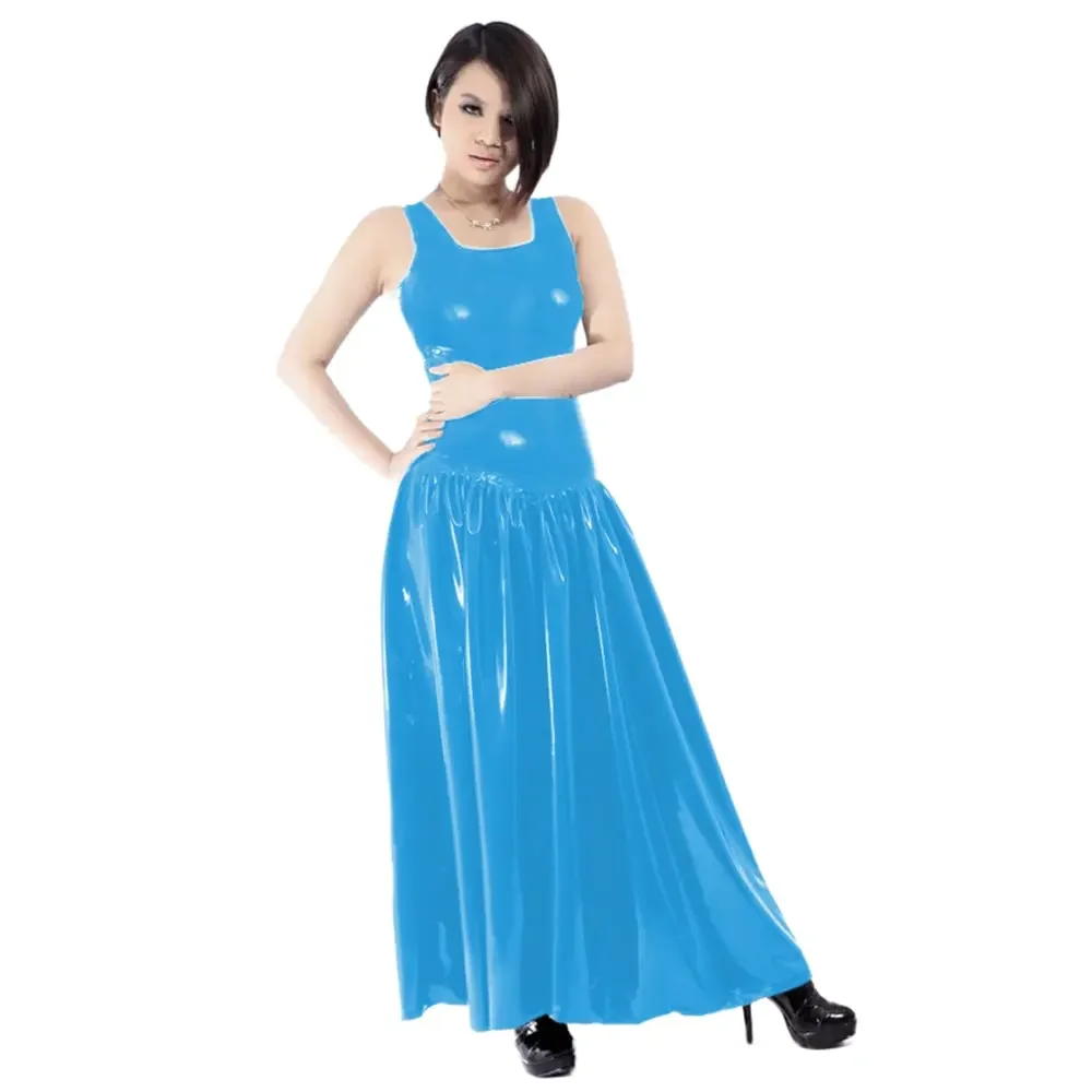 Womens Party Sleeveless Fit and Flared Dress Squared Collar Shiny PVC Leather Long Dress Sissy Nightclub Ankle-length Maxi Dress