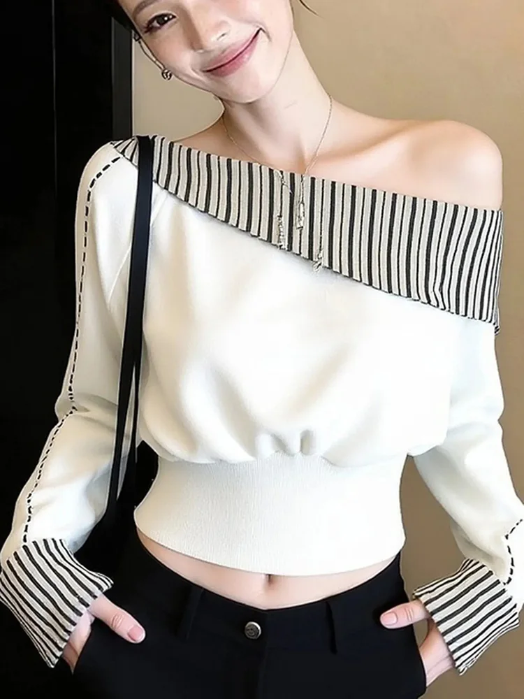 

Новые модные укороченные белые свитшоты для женщин: шикарные пуловеры с открытыми плечами в корейском стиле, уличная одежда, полосатые, с лоскутным дизайном, с длинным рукавом