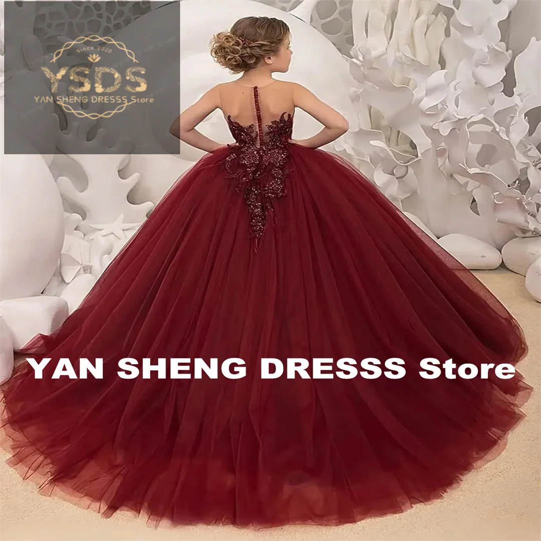 T ulleดอกไม้สาวชุดลูกไม้A Ppliquesยาวอย่างเป็นทางการเจ้าหญิงแต่งงานประกวดบอลชุดสําหรับเด็ก