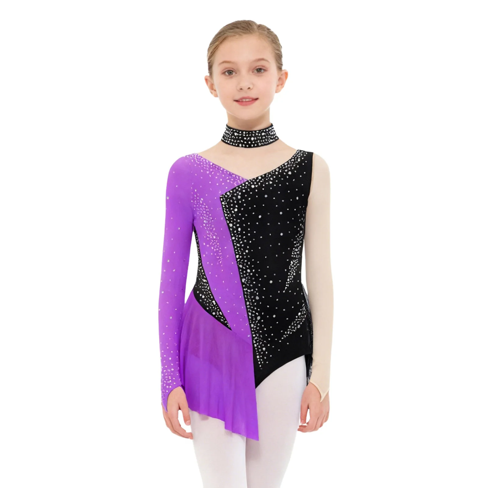 어린이 소녀 반짝이는 라인스톤 체조 발레 져지 레오타드 시어 메쉬 바디수트 예술 피겨 스케이팅 공연 의상