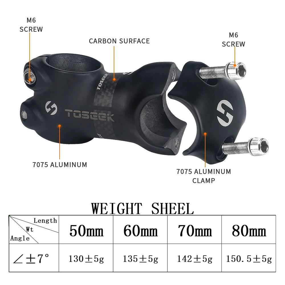 TOSEEK 7 Degree Short Bike Stem Aluminum Carbon For 25.4mm Handlebar 28.6mm Steerer MTB Road Bicycle Power Handlebar Stem Riser