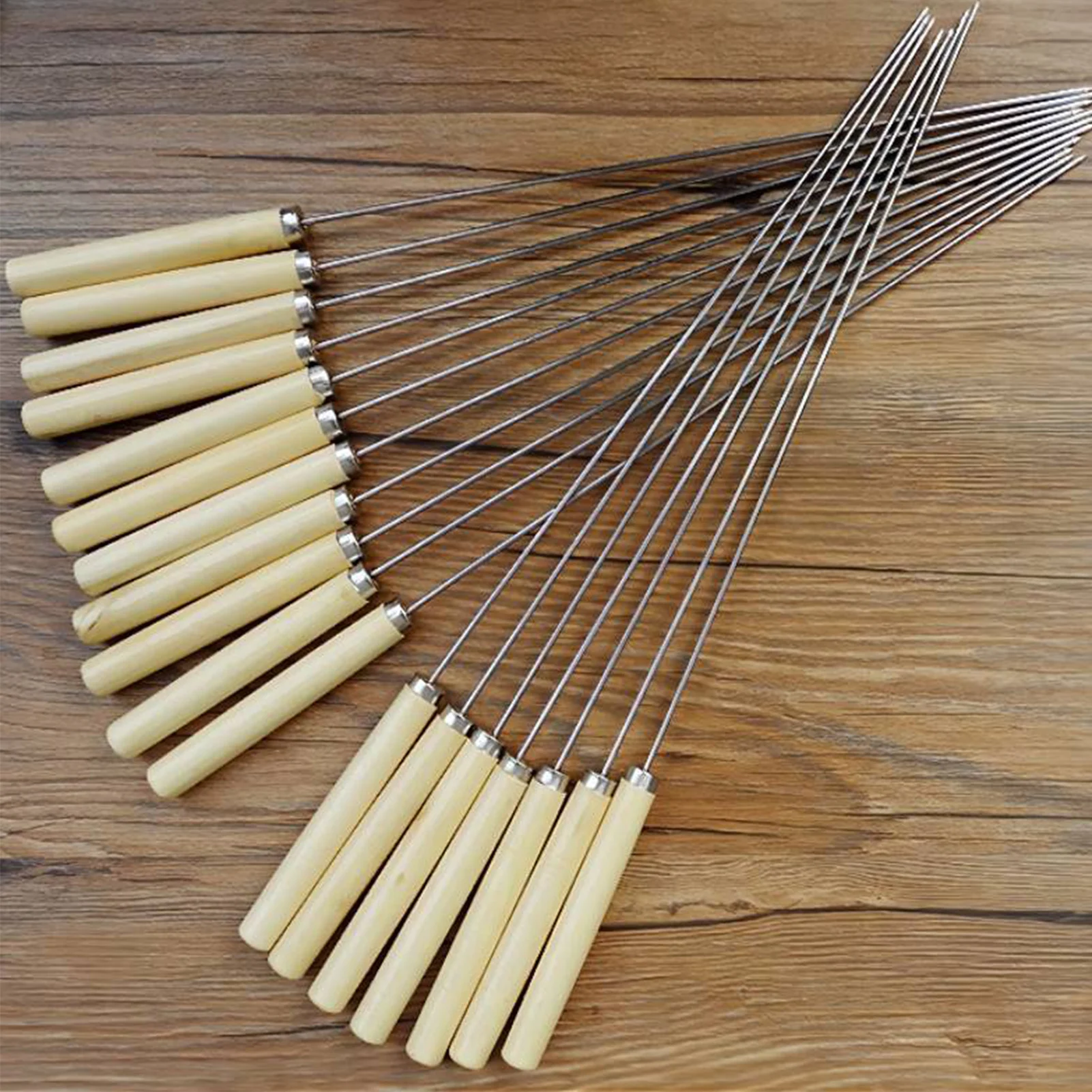 10pcs Reusable Forks Barbecue Skewer with Wooden Handles Humanized Pointed Head Suitable for Outdoor Activities