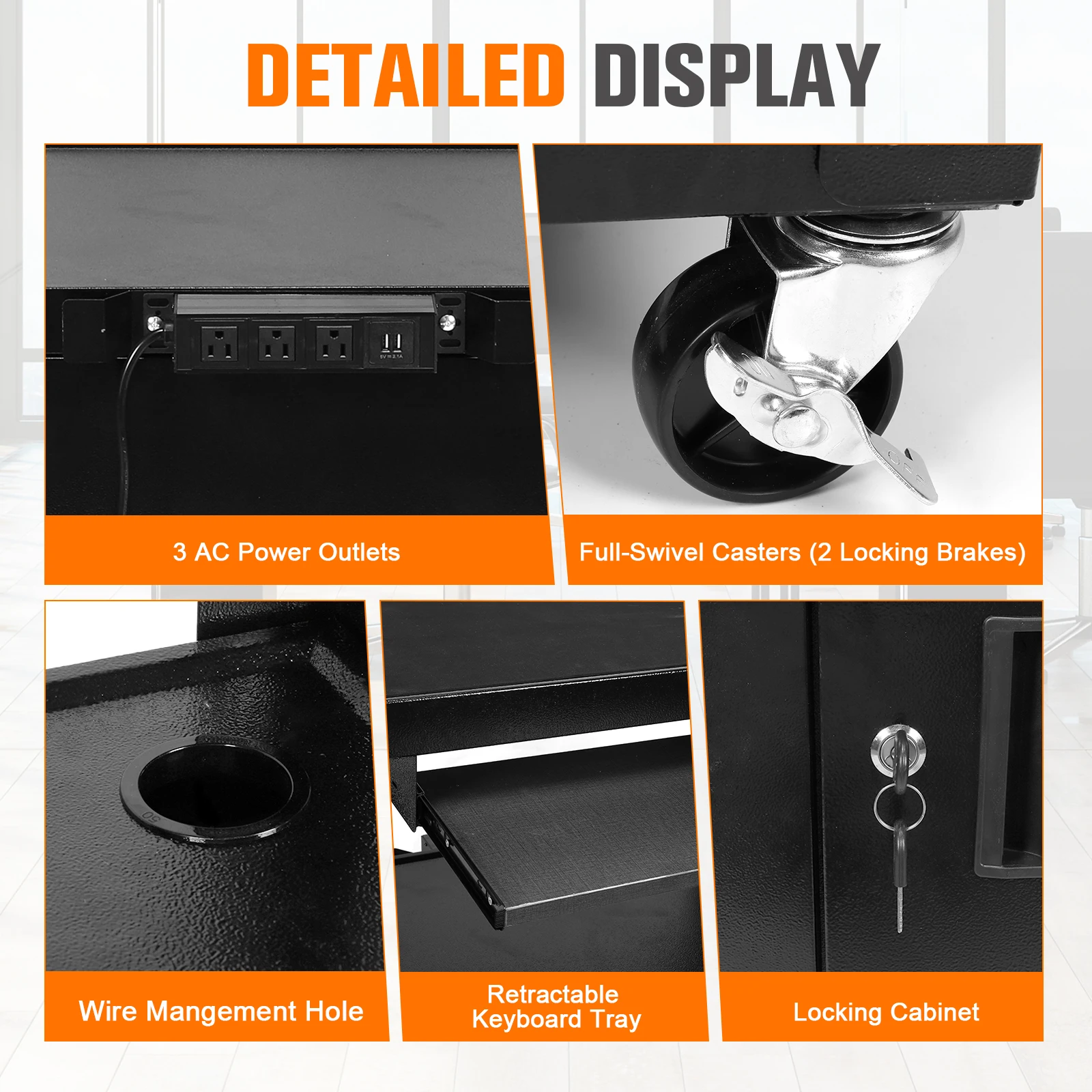 عربة AV فولاذية مع عربة عرض خزانة قفل مع صينية لوحة مفاتيح قابلة للسحب وإدارة سلك لعرض الفصول الدراسية المكتبية
