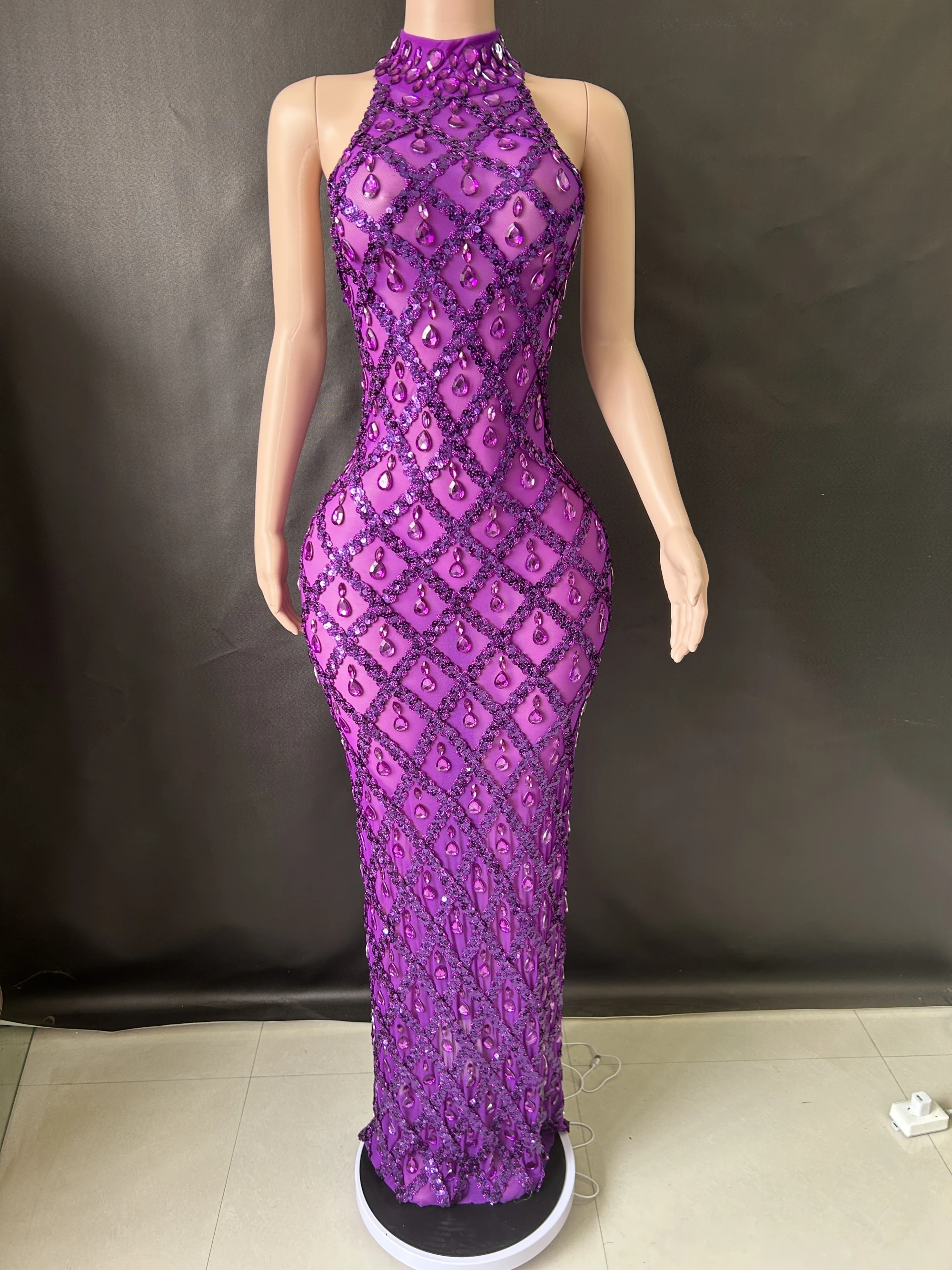Women Sexy Stage Shining Rhinestone Sequins Dress Evening Prom Birthday Dress Transparent Performance Singer Club Host Dress 7G