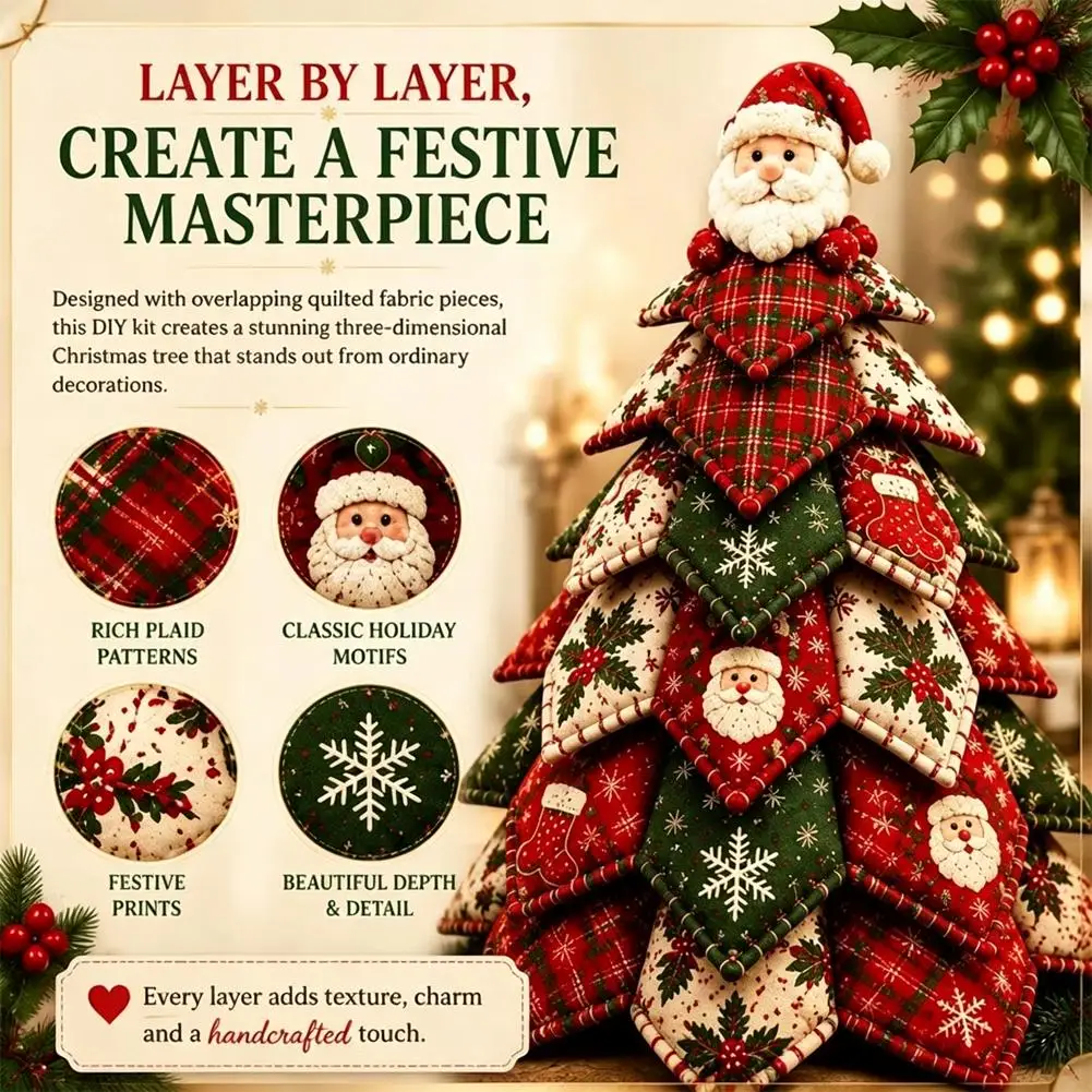 Vintage Style DIY Quilted Christmas Tree Kit Handcraft Beginner‑Friendly 3D Tabletop Christmas Sewing Kit Santa Claus Girl