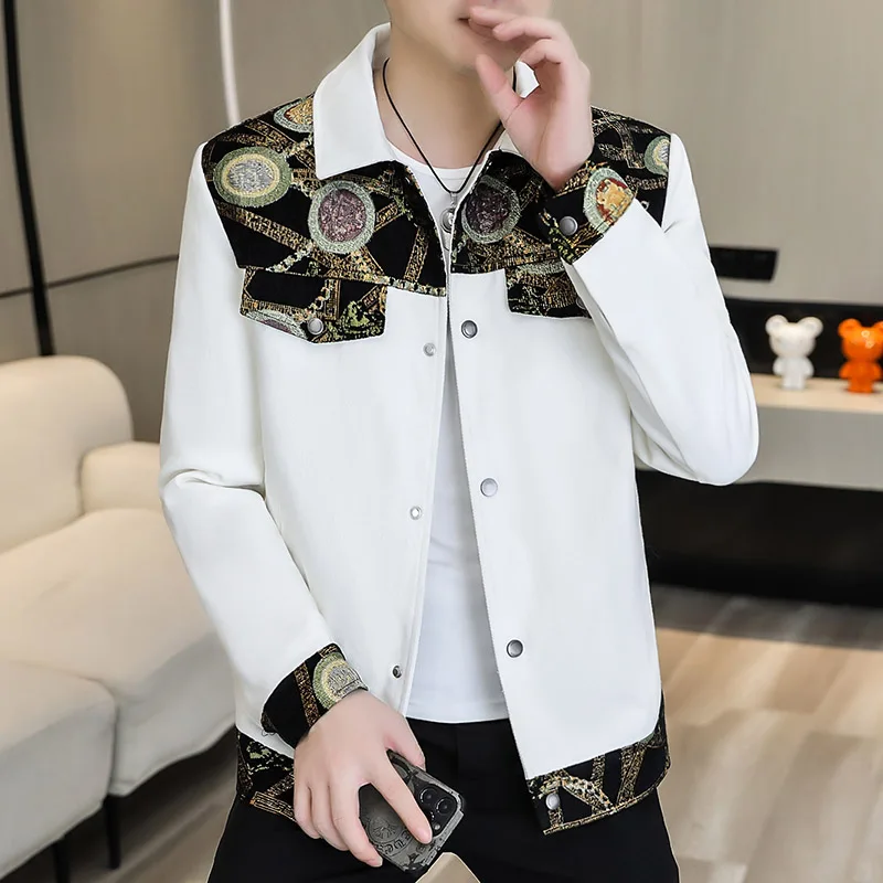 Luxury Retro Patchwork Jacket for Men Casual Jackets Slim Fit Business Lapel Coats Outwear Streetwear Windbreaker Jacket Coat