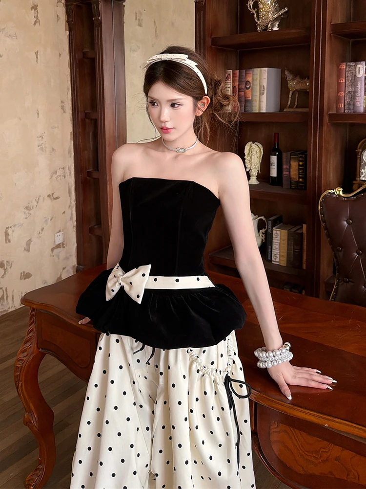 ReddaChic Strapless Tube Bermuda Shorts Women Matching Set Polka Dots Wide Leg Bloomers Bowtie Strapless Top Vintage Clothes