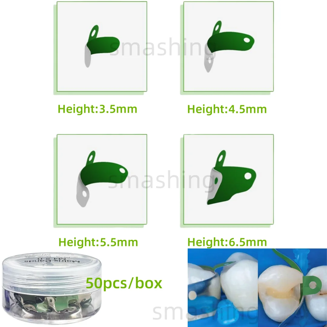 50 Uds bandas de matriz Dental matrices compuestas antiadherentes verde 3,5/4,5/5,5/6,5 cuñas Molar de restauración Dental