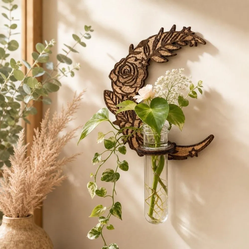 Wall Shelf Wooden Hydroponic Planter Shelf Vase Home Ornaments Plant Flower Pot Moon Flower Sun Wall Decoration Indoor Plants