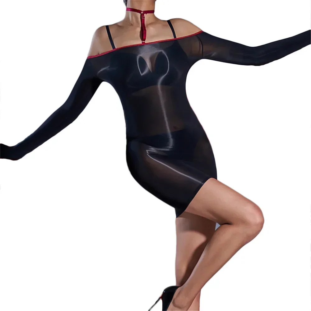 Long Sleeved Off-the-shoulder Dress for Sexy Women 8D Oil Glossy Ultrathin Sheer See Through Mini Dress Elastic Tight Cheap
