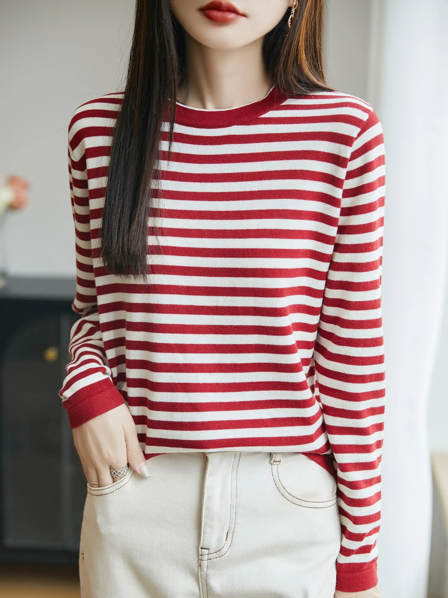 Retro Striped 100% Pure Cotton Knitted Base Shirt Women's round Neck Pull over Warm Anti Aging Sweater Comfortable Loose Fit