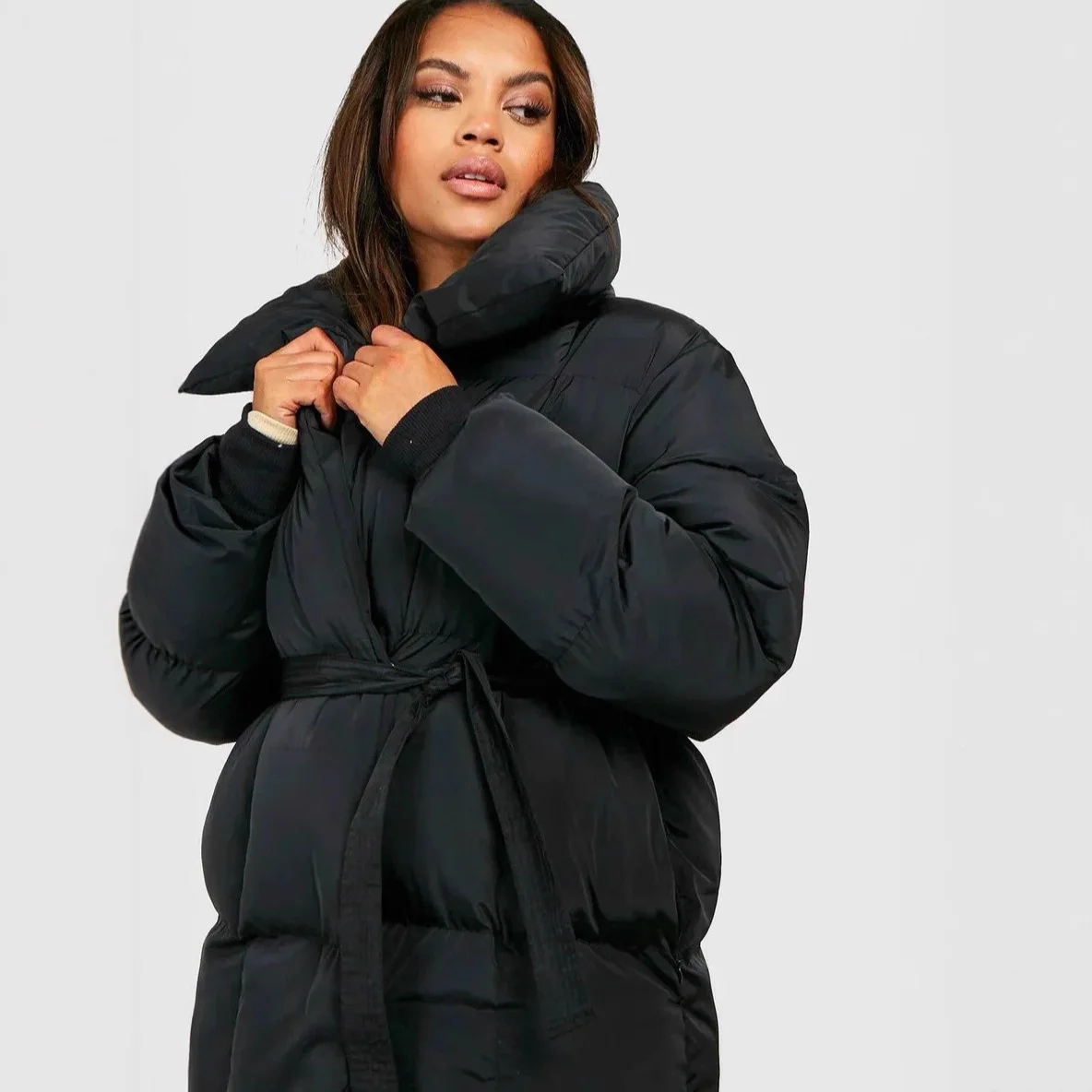 Down Jacket Warm Waist-cinching Long-sleeve Tied-waist Loose Solid-color Fashionable Women's Winter Jacket Lightweight