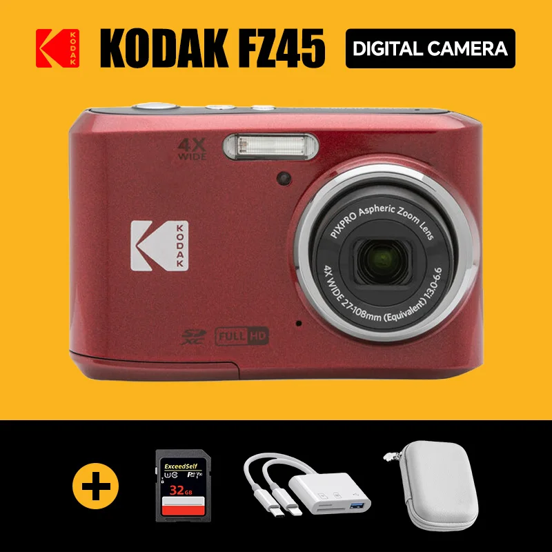 Original Kodak Pixpro FZ45 Digital Camera16 MP Optical Zoom4 X White Full HD Video, HDR Video, with 32GB SD Card Case Gift Kit