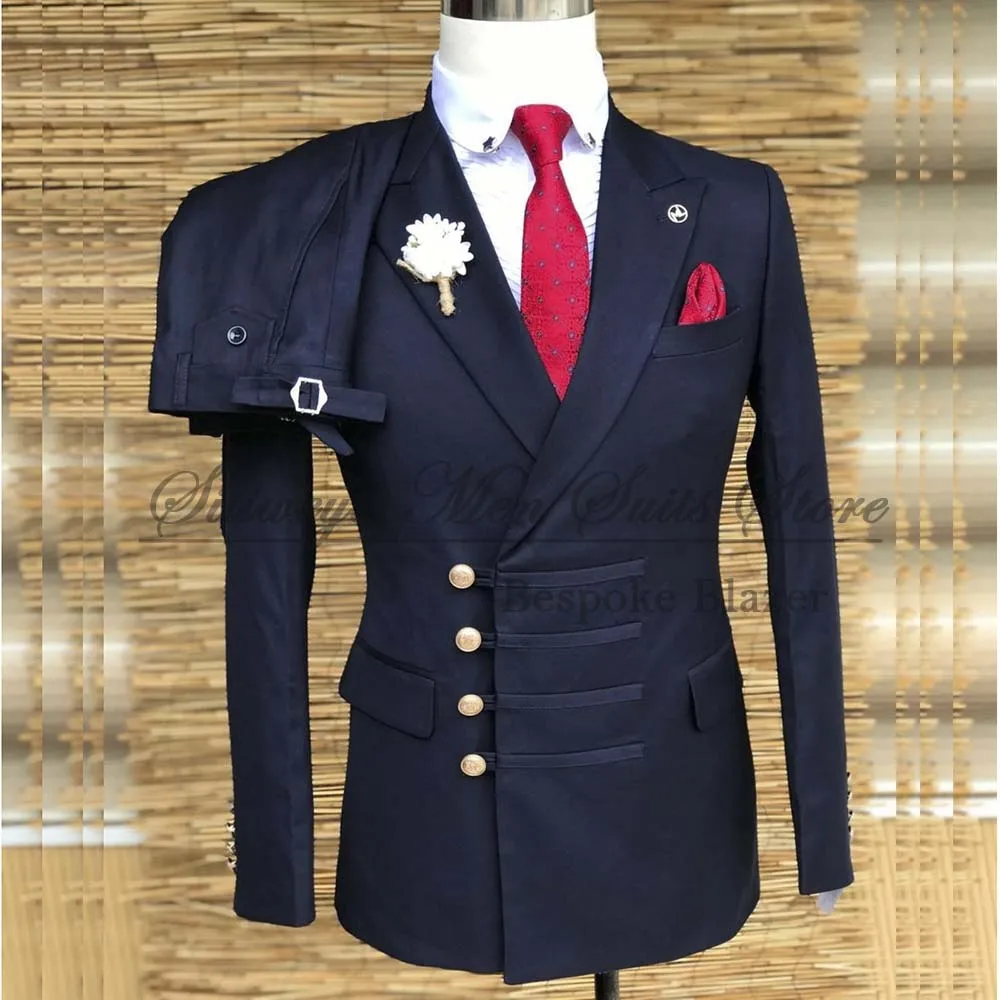 Bespoke Navy Blue Men's Suits Fashion Single Breasted Peak Lapel Slim Fit Blazer High Quality Wedding 2 Piece Jacket Pants Sets