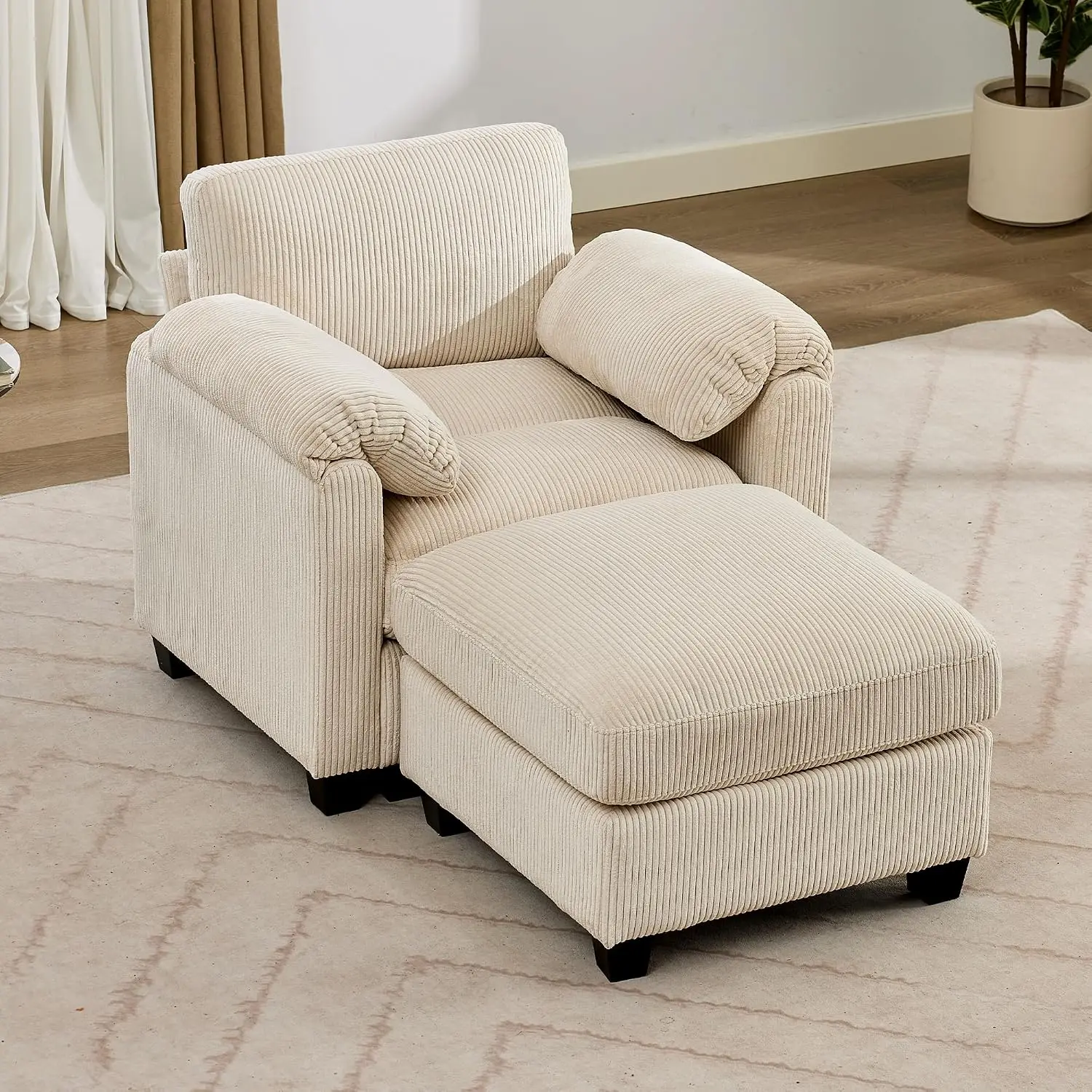 Modular Corduroy Sectional Sofa with Ottoman, Deep Seat Cloud Couch for Living Room with Throw Pillows, Center Stitched, Beige 2