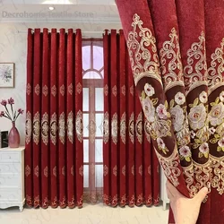 Cortinas bordadas para sala de estar, dormitorio, comedor, ventanas, puerta, Europeo, rojo hueco, boda, chenilla, cortina de sombreado alto