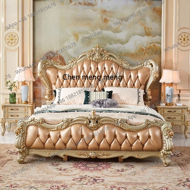 X Solid wood leather bed 1.8 meters double bed, carved, master bedroom villa furniture