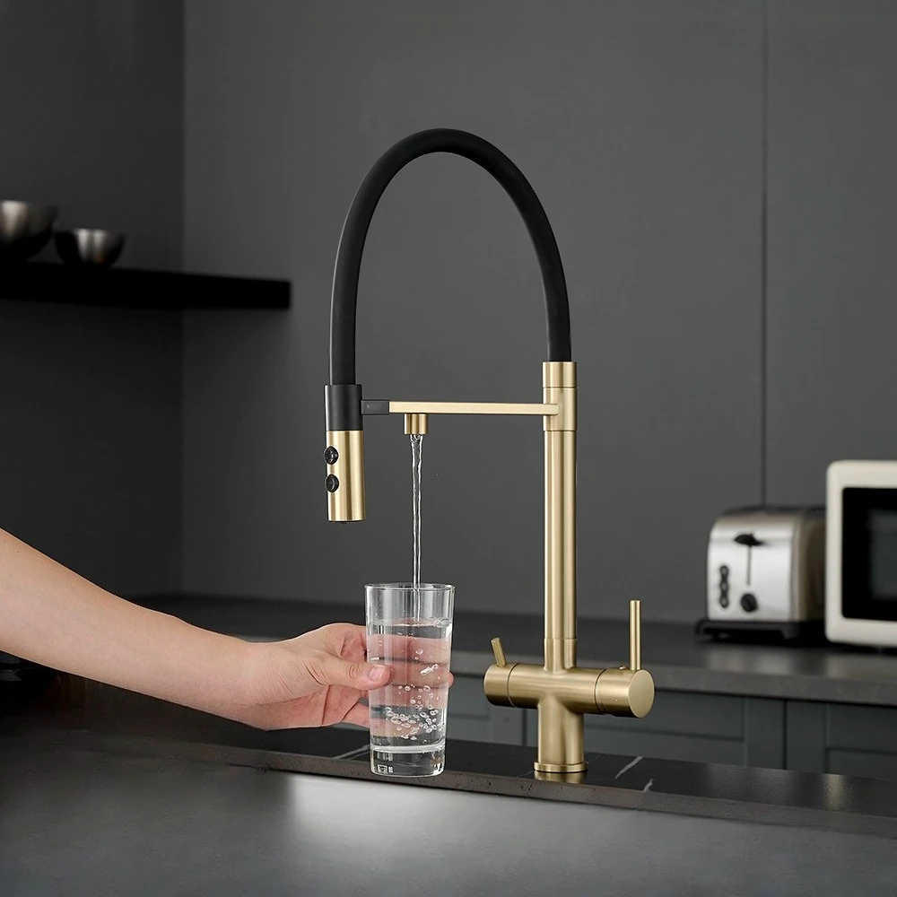 Full Copper Magnetic Rotating 3-Way Kitchen Faucet, Purifier Tap with Silicone Hose for Direct Drinking