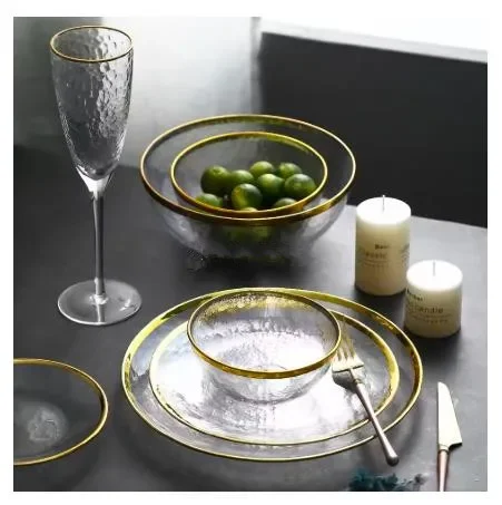 Clear Glass Gold Stroke Tableware Charger Plate Transparent Glass Dinner Cake Food Dessert Plate Bowl Set Table