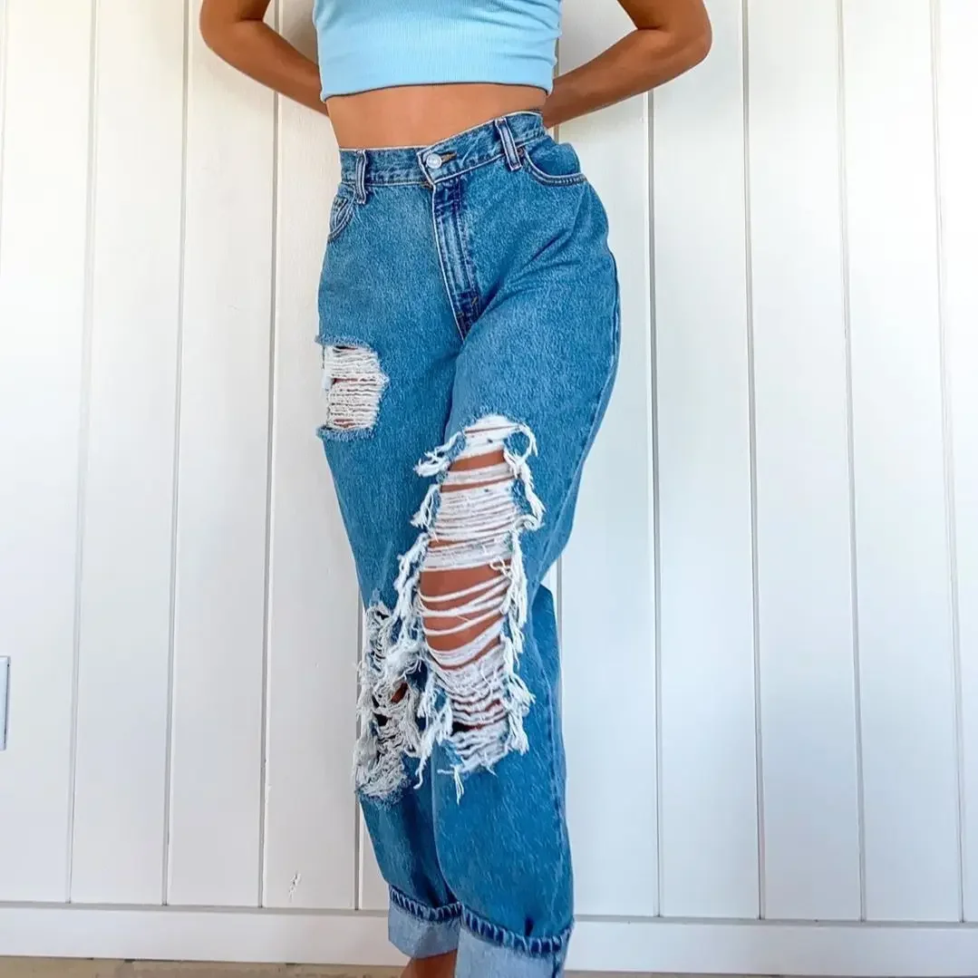 Summer Ripped Jeans Women's Invisible Open Crotch Pants Vintage Exotic Hotpants Wide Leg Denim Trousers Outdoor Sex Streetwear