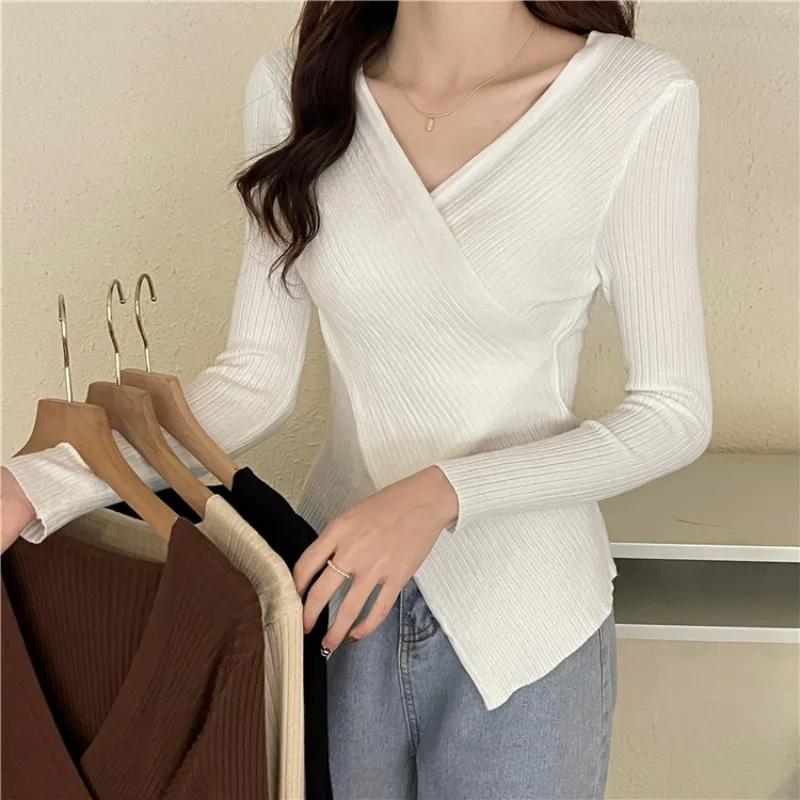 Kobiety Ladies Autumn Winter Slim Knitted Knitwear Knit V Neck Tops Long Sleeve Shirt Blouse Baju Baju Wanita Lengan Panjang